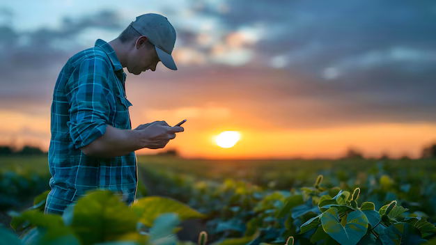 Produtor rural utilizando celular em plantação ao pôr do sol