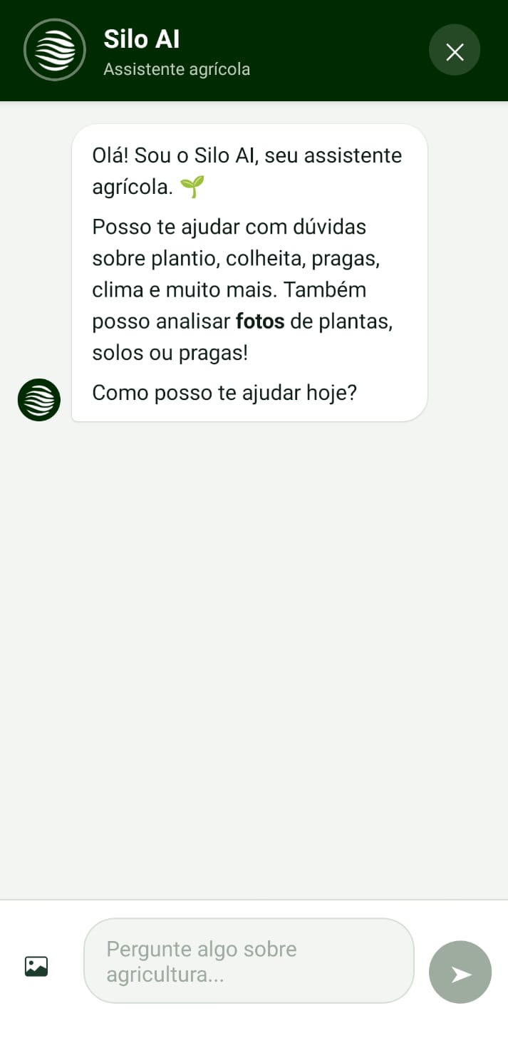 Tela do assistente de IA Silo AI do aplicativo farmsilo respondendo dúvidas sobre plantio e pragas