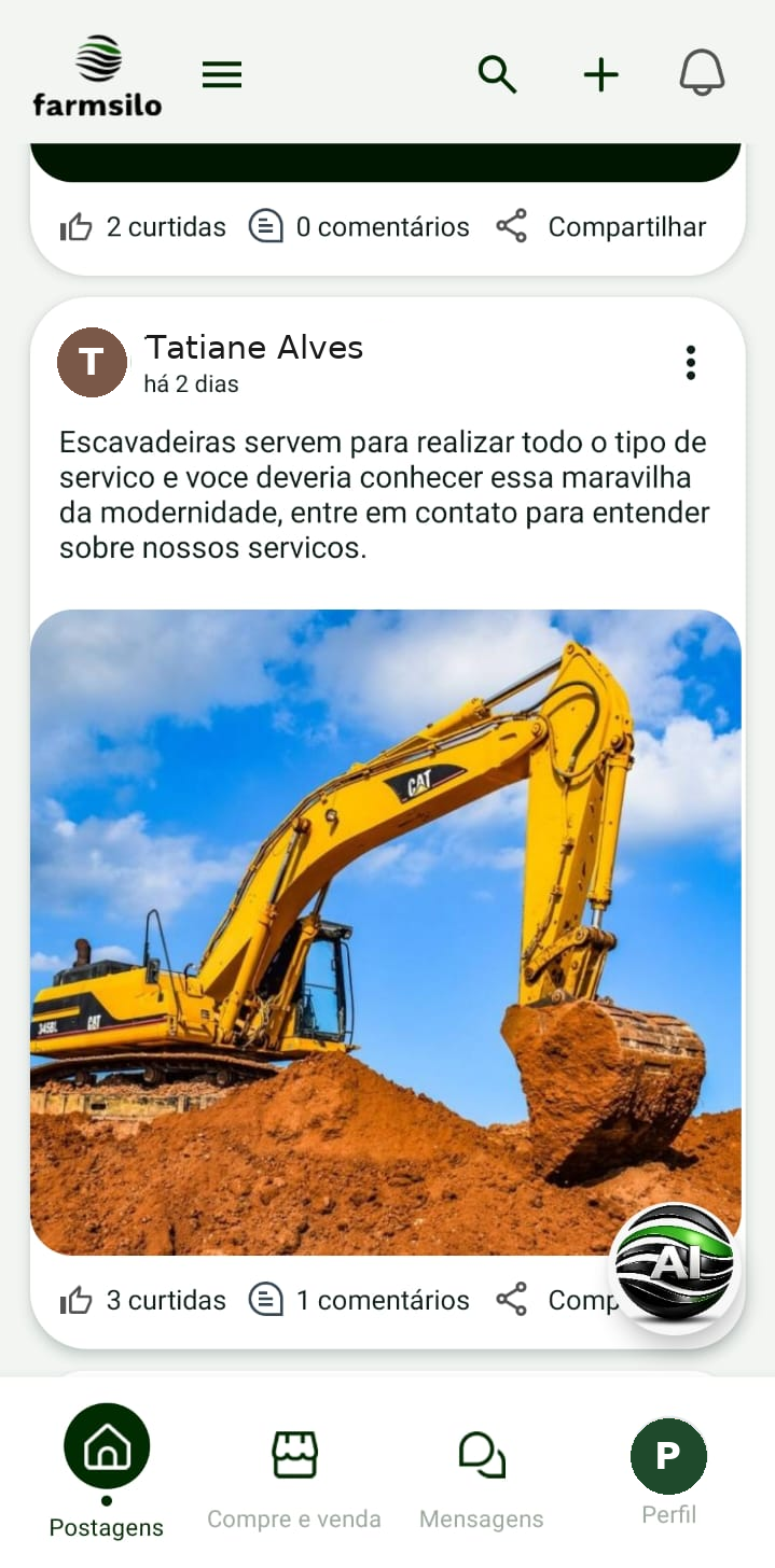 Tela de postagens do aplicativo farmsilo com anúncio de serviços agrícolas
