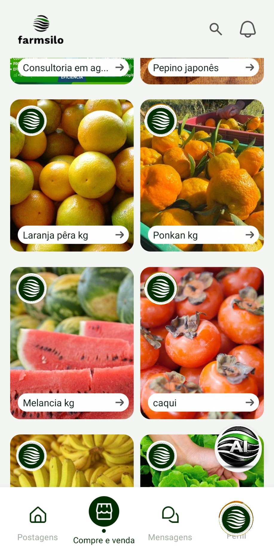Tela de compre e venda do aplicativo farmsilo com produtos e serviços anunciados